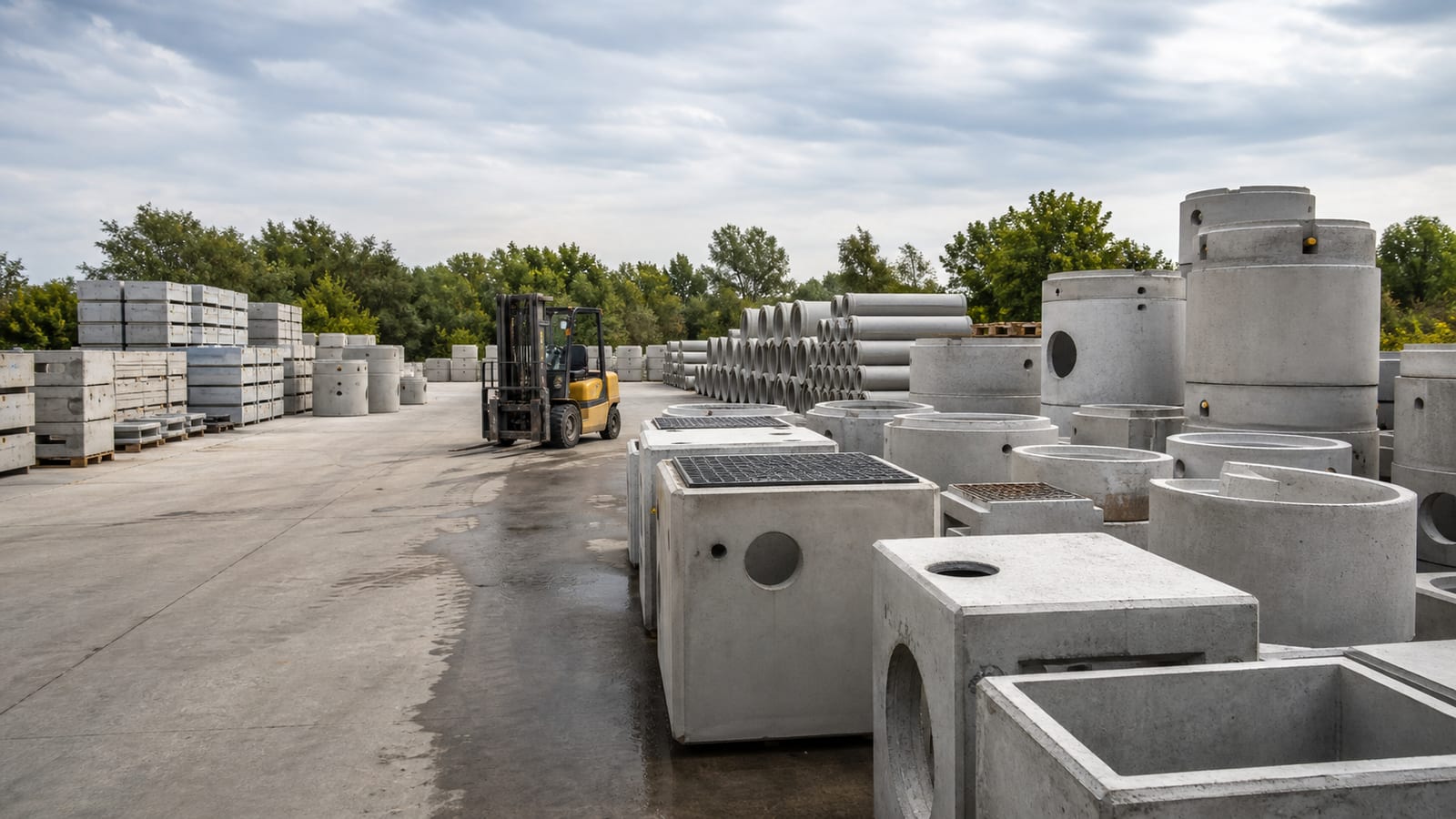Midwest Precast Products yard with precast concrete structures